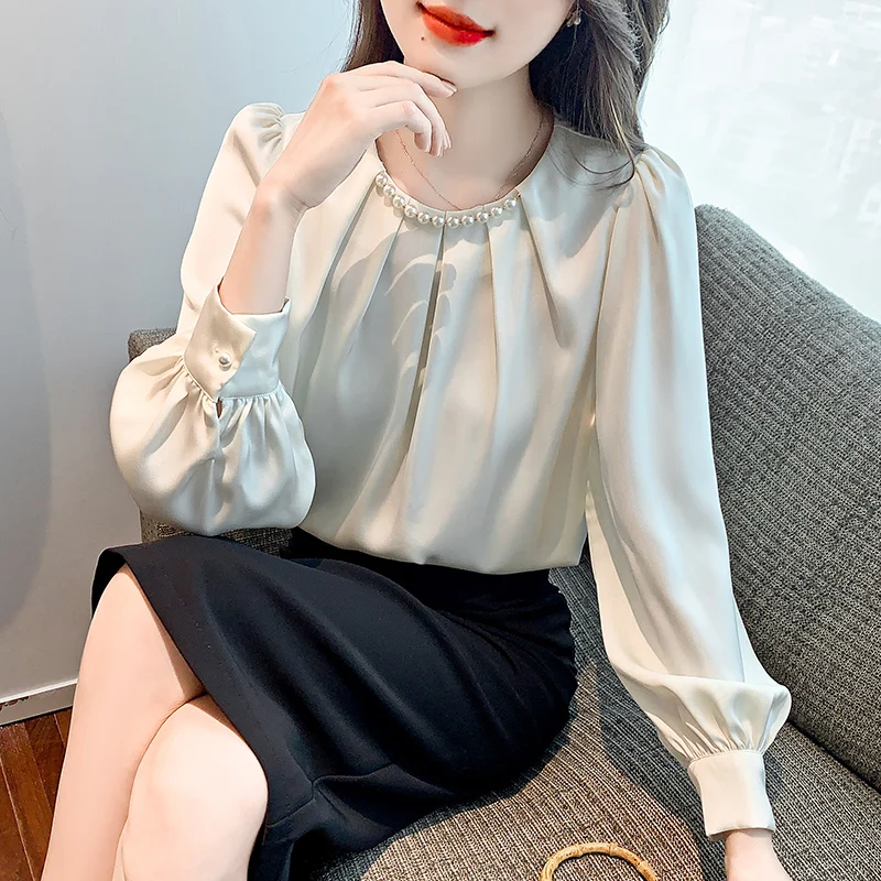 New Fashion Beading O-Neck Chiffon Blouse Shirt Women Tops