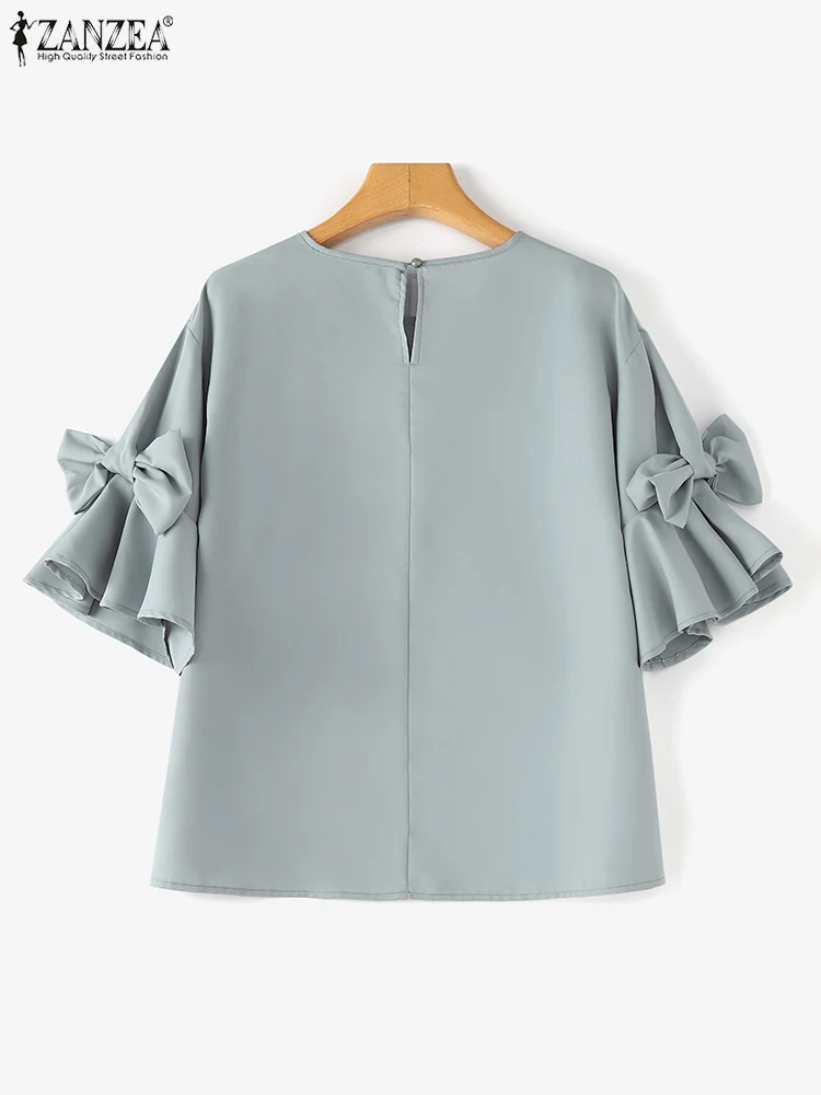 ZANZEA Women Korean Ruffles Chiffon Blouse Autumn Elegant Lantern Short Sleeve Tops Spring Shirt Vintage Bow Tie Patchwork Tunic 5