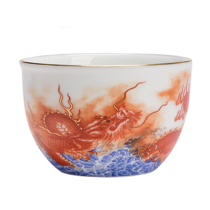 2Pcs High Quality Ceramic Teacup Enamel Color Dragon and Phoenix Pattern Tea Cup Boutique Individual Single Cup Tea Set Supplies