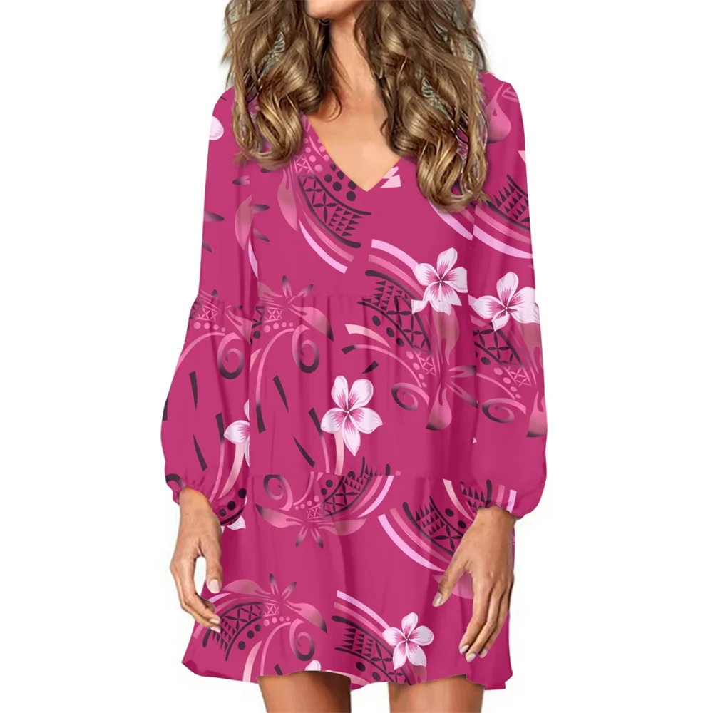 

Women Vintage Elegant Loose Long Sleeve Swing Party Mini Dress Female Beach Custom Polynesian Tribal Plumeria Samoan Design Pink