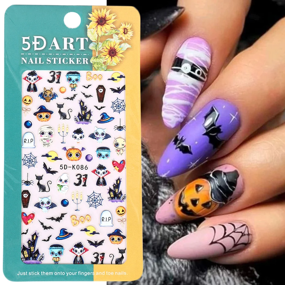 5D Halloween Embossed Nail Art Stickers Pumpkin Skull Head Spider