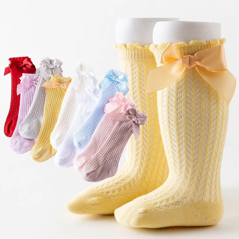 

Summer Baby Girl Socks Bows Soft Solid Color Mesh Newborn Hollow Out Socks Knee High Long Toddler Princess Girl Socks Clothes