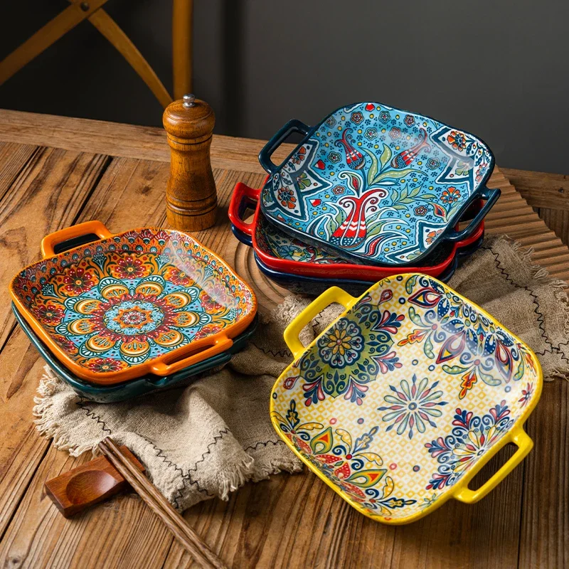1PC Bohemian Ceramic Binaural Square Plate Beautiful Plate For Home High Appearance Level Fruit Oven Microwave