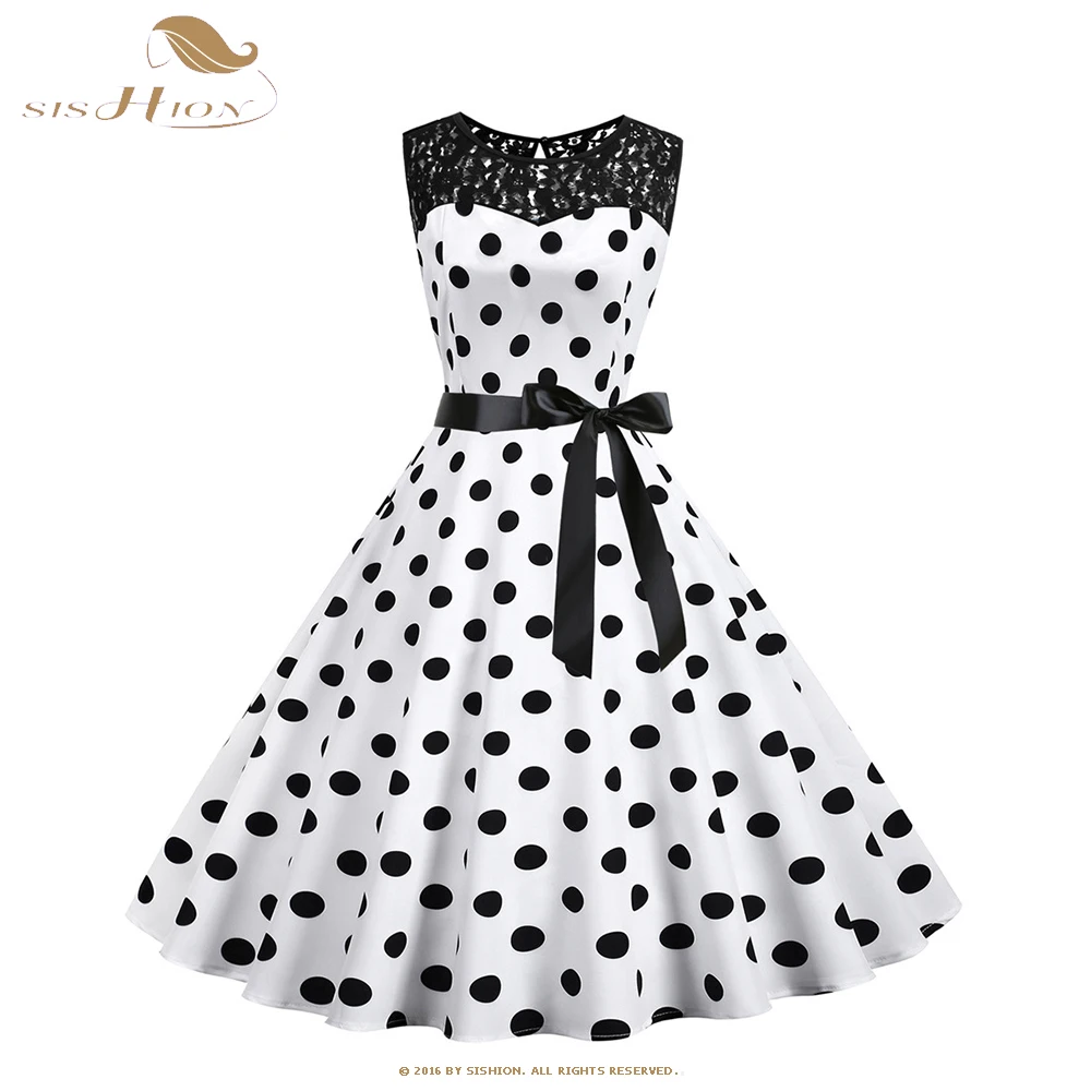 

Casual 60s Vintage Y2k Women Dress Polka Dot Lace Patchwork White Green Dress Summer Sleeveless Retro Swing Party Dress SR247