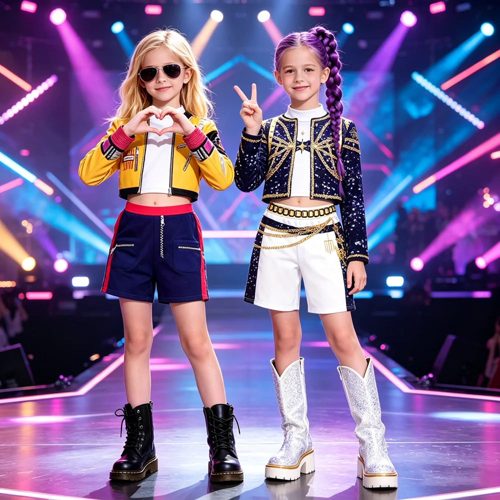 2026 Kinder Mädchen K-Pop Bühnen-Performance-Kostüm Hip-Hop-Outfit Cropped Jacke+Shorts 2-teiliges Set Streetwear Idol Konzert Tanz Party