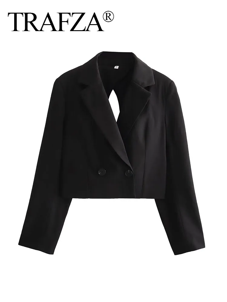 TRAFZA Woman Chic Black Lapel Hollow Backless Buttons Decorate Sexy Short Coat Women Elegant Long Sleeve Vintage Jacket Coat trafza woman chic black lapel hollow backless buttons decorate sexy short coat women elegant long sleeve vintage jacket coat