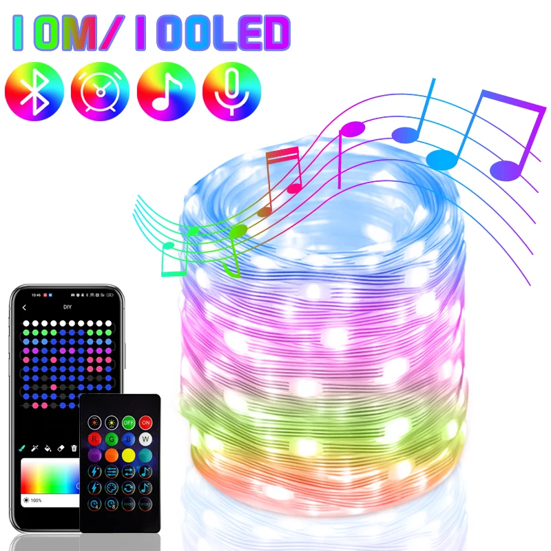 Guirnalda de luces LED RGBIC de 20 m y 200 luces LED inteligentes con Bluetooth, música, guirnalda de cuero mágica con mando a distancia, decoración para árbol de Navidad