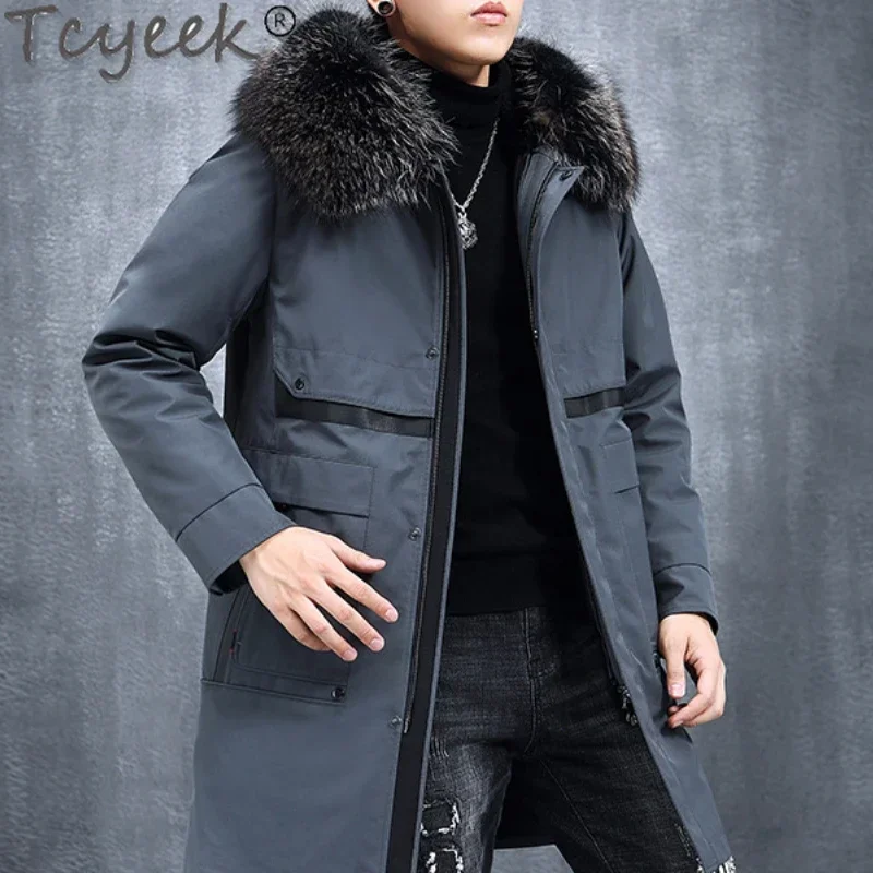 

Tcyeek Winter Jacket Men Clothes Men’s Parkas Rex Rabbit Fur Liner Raccoon Fur Collar Thicken Fur Coat Midi Length Hooded Coat