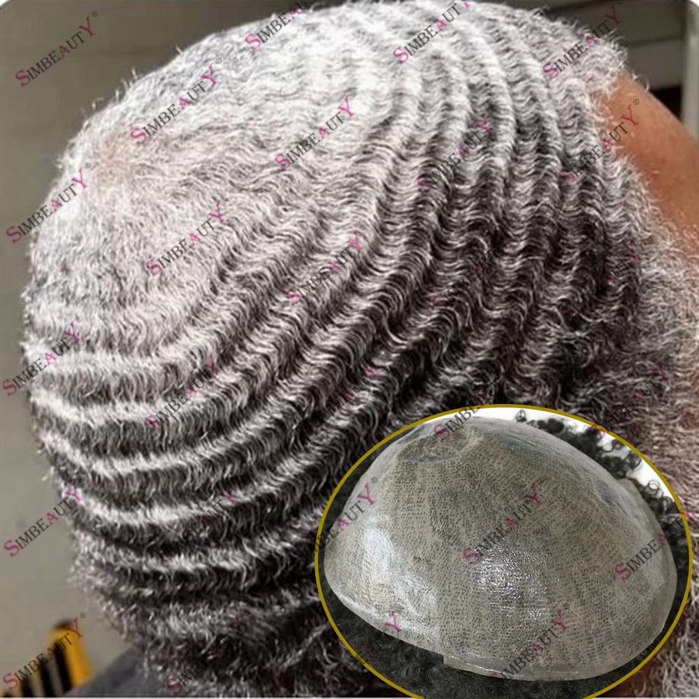 

Durable Skin Poly Base Men's Deep Wave Gray Hair Machine Made Toupee Cheap Hairpieces 10mm 1b65 1b80 180Waves Afro Men's Wig