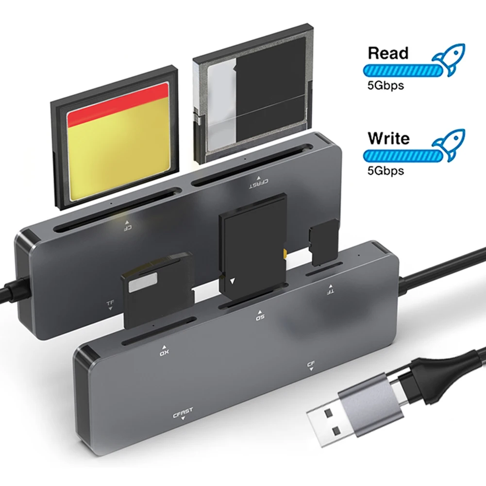 5 in 1 메모리 카드 리더, 5Gbps CFast, XD, CF, SD, TF 리더, 메모리 카드 어댑터, C타입, USB A, Windows XP, Vista, 7/8 Mac OS용