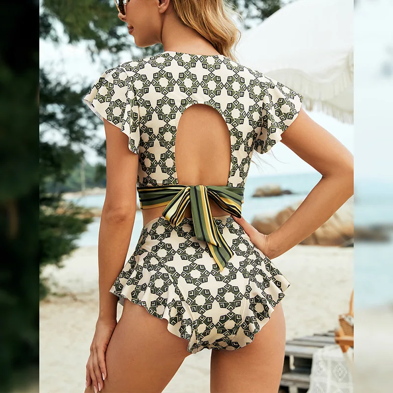 High Elasticity Split Bikini Swimsuit Set Sexy Triangular Ruffle Edge Backless Strap V-neck Beach Vacation Swimsuit Women