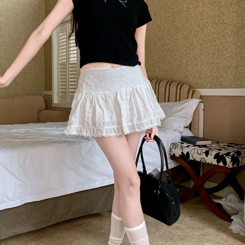 Deeptown Ruffle Lace Mini Skirt White Fairycore Sweet Korean Style Layered Tulle Short Skirts Cute Casual Texture A-line Skirt