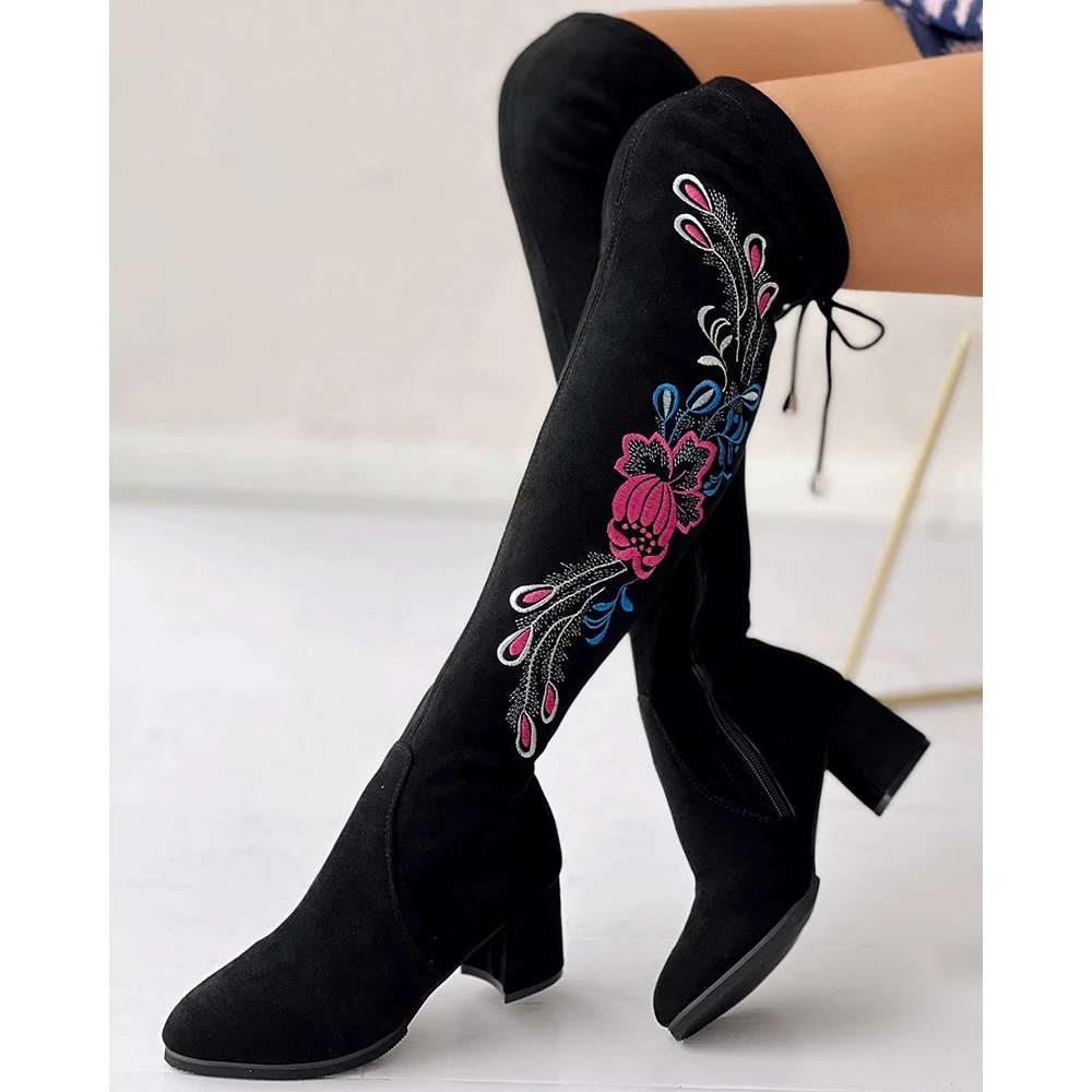 2023 Winter Women Floral Embroidery Zipper Tied Detail Evlvet Over-the-Knee Boots Pointed Toe High Heel Long Boots Korean Style