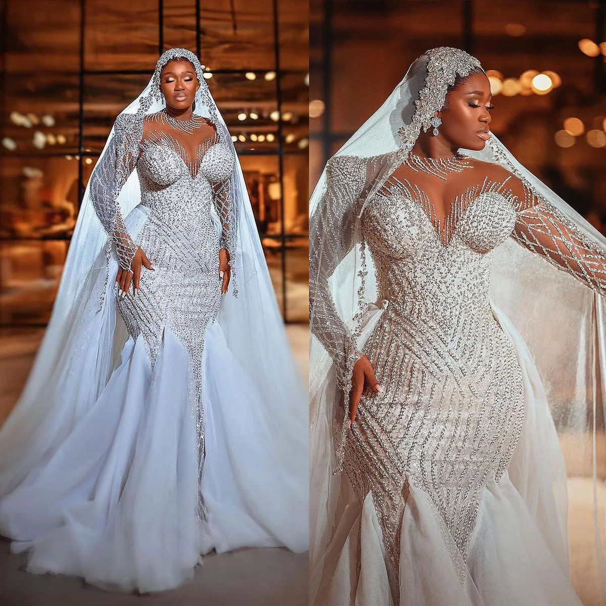 

Fancy Beading Mermaid Wedding Dresses Luxury Long Sleeve Sequined Trumpet Gown Vestido De Noiva Custom Made Bridal Dress