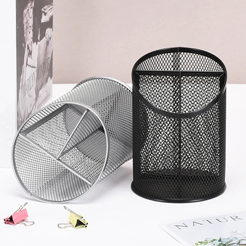 

3 Grid Oblique Metal Pen Holder Makeup Brush Organizer Home Desktop Storage Box Office Pen Insert Student School Supply