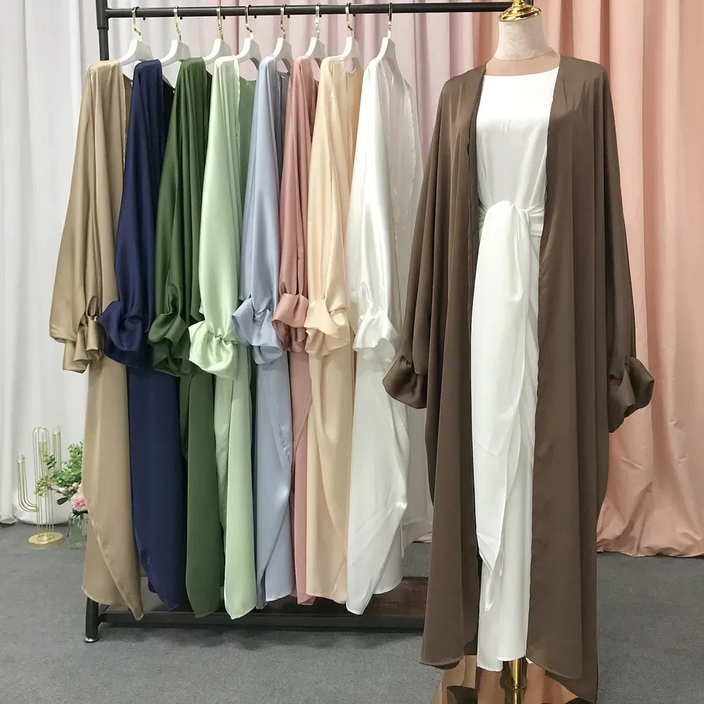 Satin Abayas for Women Dubai Turkey Islamic Clothing Cardigan Muslim Kimono Abaya Ramadan Eid Modest Kaftan No Hijab Inner Dress