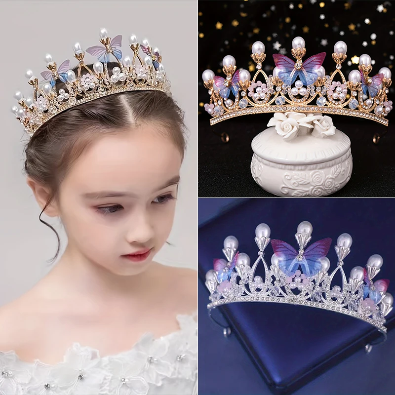 1pc Bride Headdress Handmade Pearl Butterfly Princess Hair Band Party Prom Queen Crown Hair Accessories