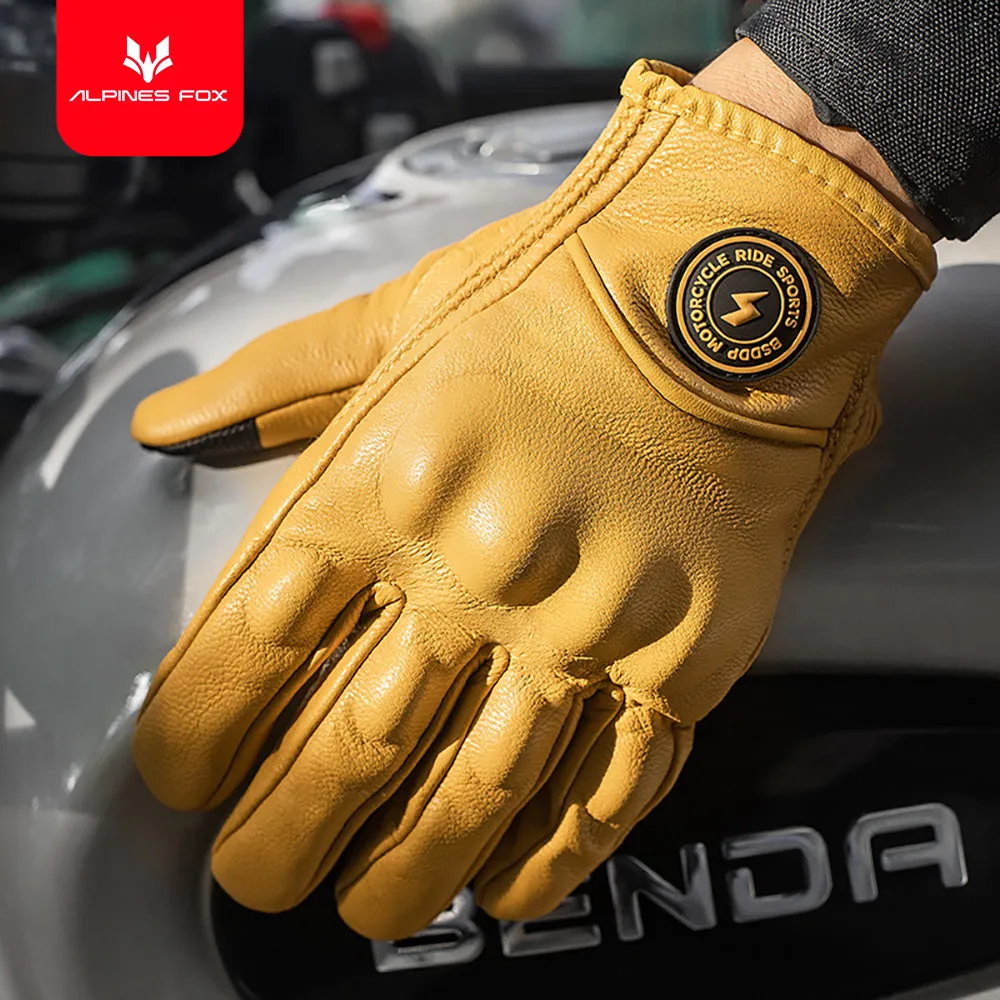 Guanti Moto Uomo In Pelle Retrò – Touch Screen, Traspiranti, Full Finger – Guanti Motociclista Vintage Biker (Giallo, Taglia M)