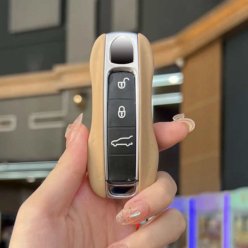 Genuine Leather Car Key Case Cover Protective Keychain For Porsche Boxster Cayman Panamera Cayenne Macan 718/911 Taycan