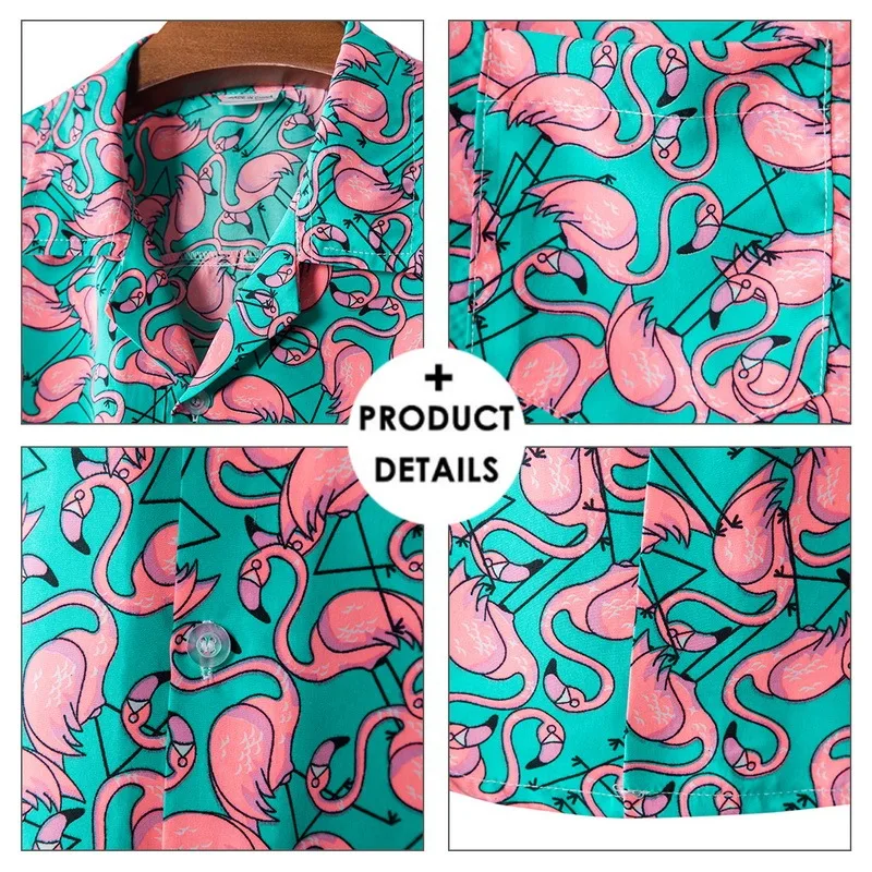 Flamingo 2022 Summer Men's Printed Hawaiian Hawaiian Shirt Summer Beach Party Short Sleeve Festive Clothing
