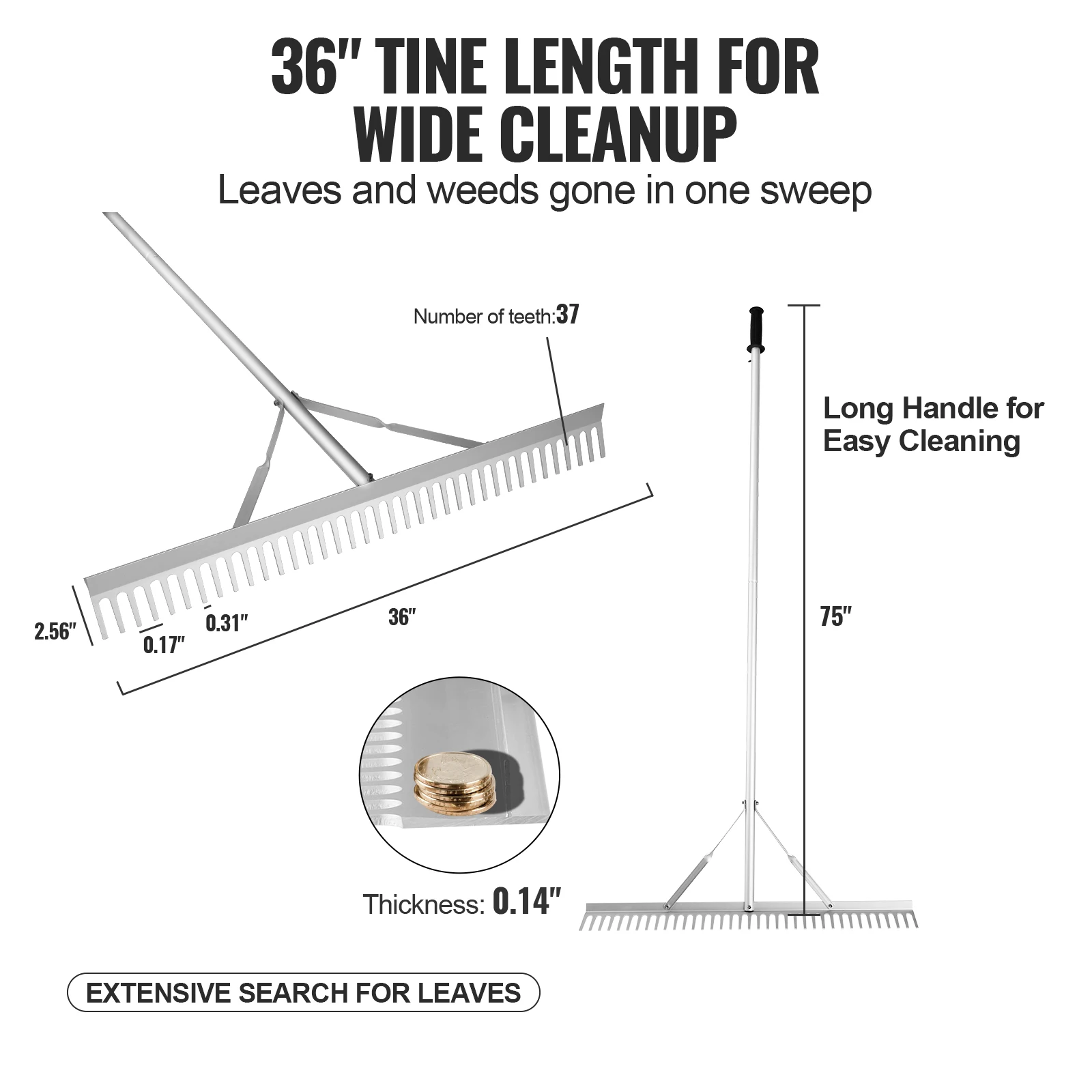 SucceBuy Landscape Rake 36" Head Aluminum Landscape Rake Lake Weed with 75" Long Handle for Lawn Care Weeding Lake Garden
