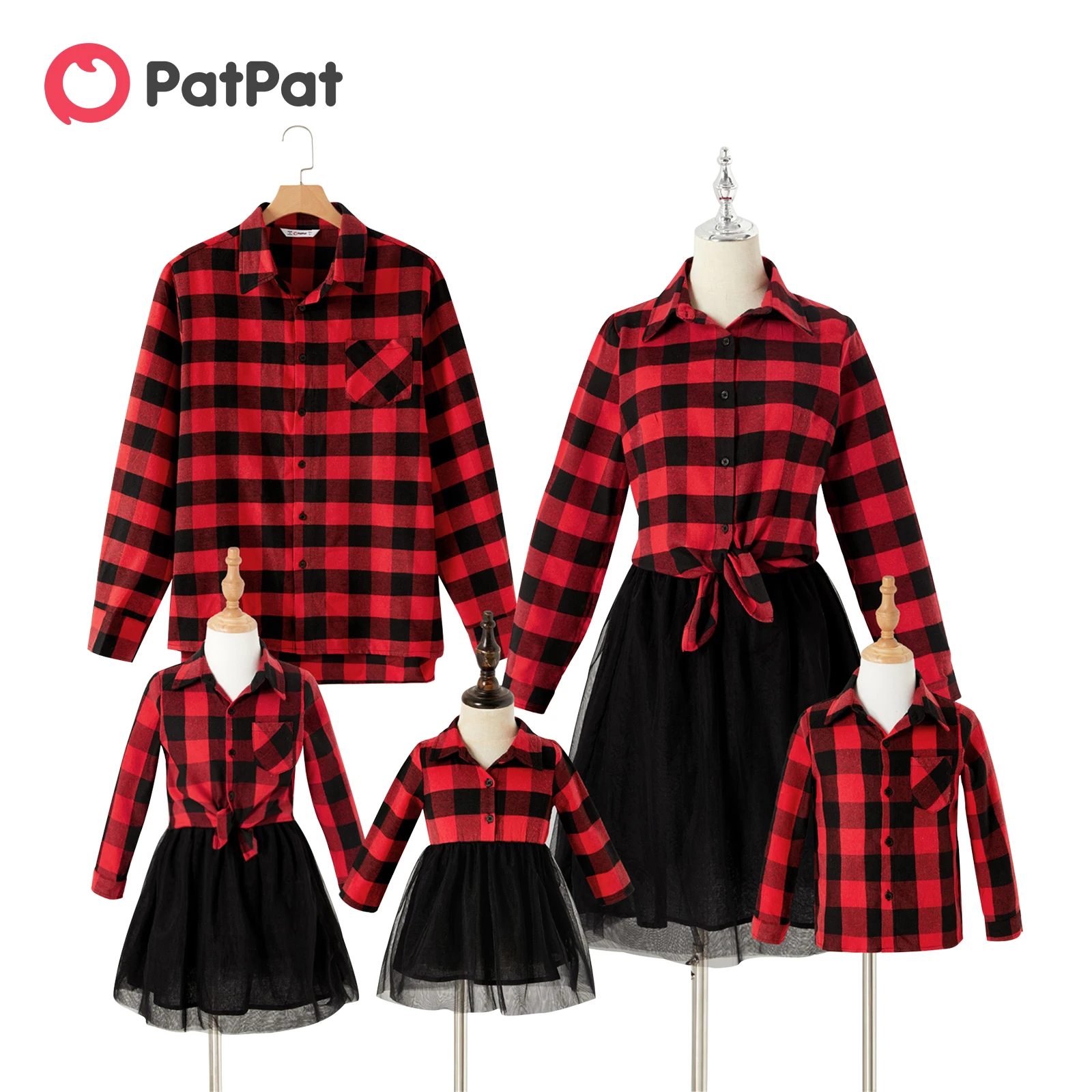 PatPat Christmas Family Matching Outfits Red Plaid Long-sleeve Button Up Shirts and Mesh Skirts Sets for Family Looks Clothes