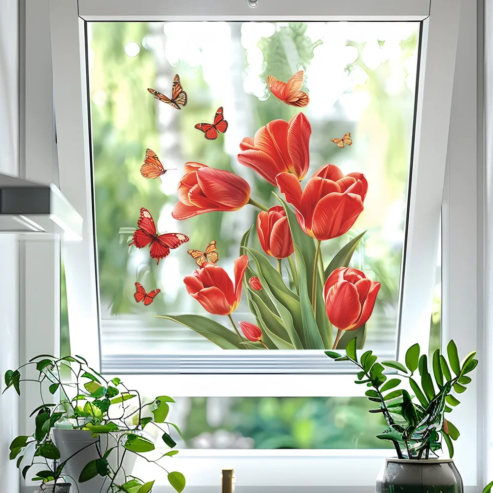 1PCS Small Fresh Painted Tulip Butterfly Glass Window Home Landscaping Decoration Electrostatic Uv Window Stickers