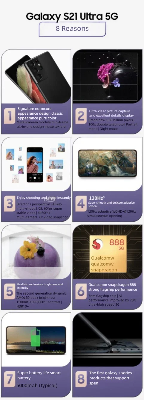 Samsung Galaxy S21 Ultra 5G G998U1 reconditionné, 6.8 pouces, AMOLED, 12 go + 128/256/512 go, Snapdragon, NFC, pour smartphone, excellente condition S9ef15f948f604736add5258e371c94ba2