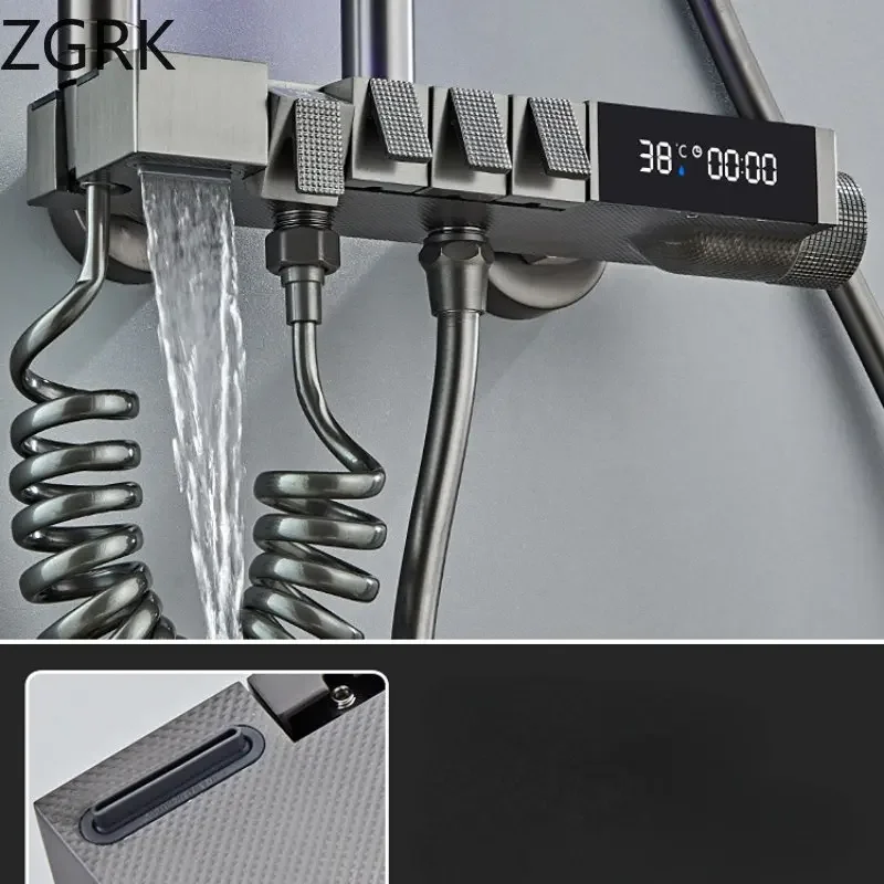 Shower Set Brass Shower Faucet Set Digital Display Thermostatic Bathroom Pressurized Water Ash-plated System