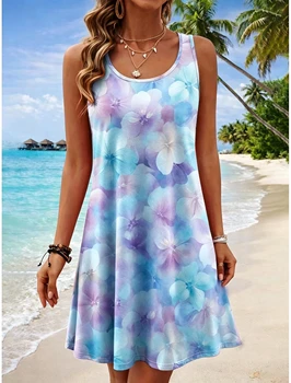 Plus Size Women's Round Neck Sleeveless Tropical 3d Print Casual A-Line Mini Dress, Beach Tank Dresses for Spring & Summer