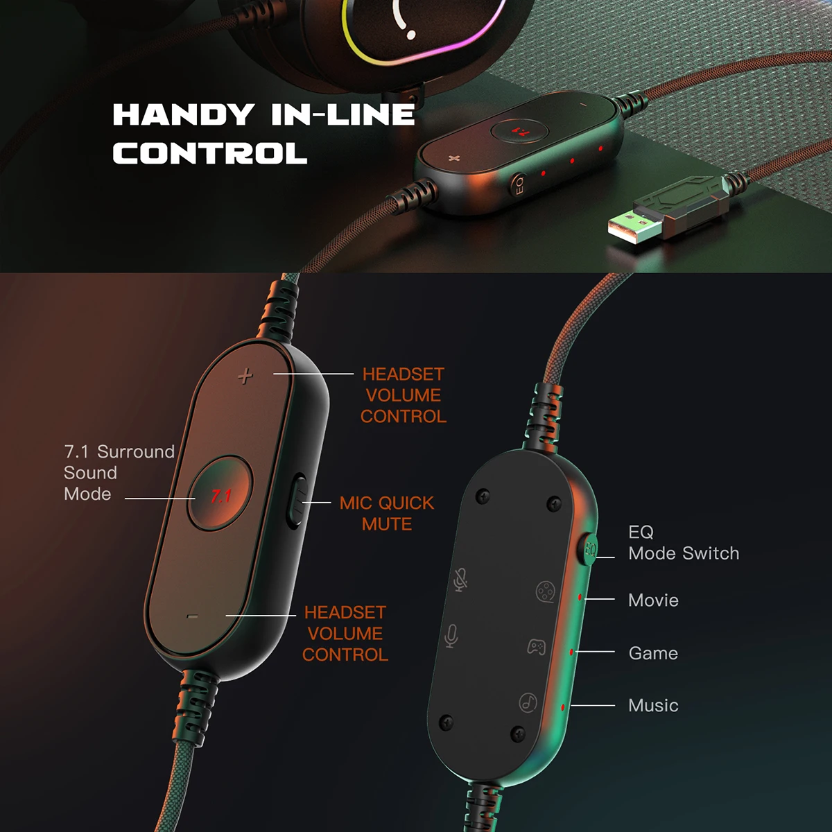 Fifine Dynamic RGB Gaming Headset with Mic - Over-Ear Headphones, 7.1 Surround Sound, 3 EQ Sound Modes
