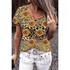Summer Sunflower Leopard Floral 3D Print T Shirts Women V-Neck Short Sleeve T Shirt Harajuku Oversized Tees Tops Woman Clothing