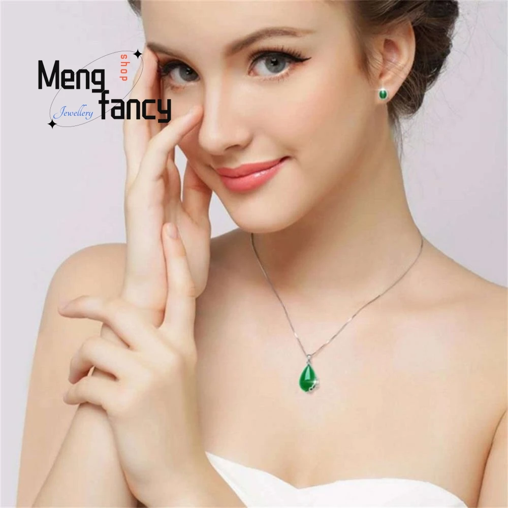 Natural Green Jade Chalcedony Water Drop Pendant 925 Silver Necklace Fashion Charms Jewelry Amulets Souvenir Women Holiday Gifts