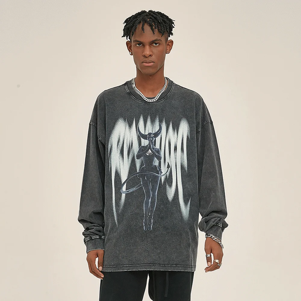 

Demon Evil Print Oversized T-shirt Goth Retro Black Frayed Y2k Grunge Tops Berserk Long Sleeve Men's Graphic T Shirts Anime Tees