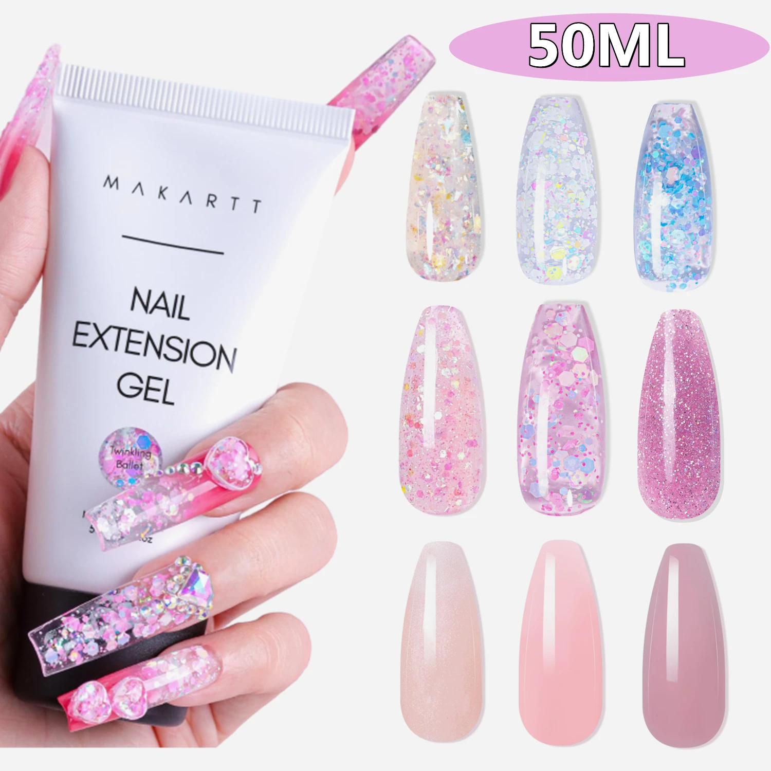 Makart Poly Nail Extension Gel - Pink Giltter 50Ml Gel Builder Nail Rinforzante 3D Fai Da Te Gel Duro Manicure Trendy Nail Art