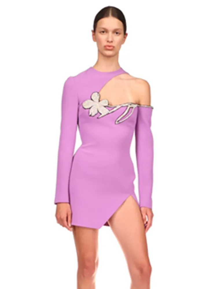 

Women Violets Bodycon Bandage Dress Mini O Neck Long Sleeve Cut Out 3D Diamonds Flowers Split Celebrity Evening Club Party Dress