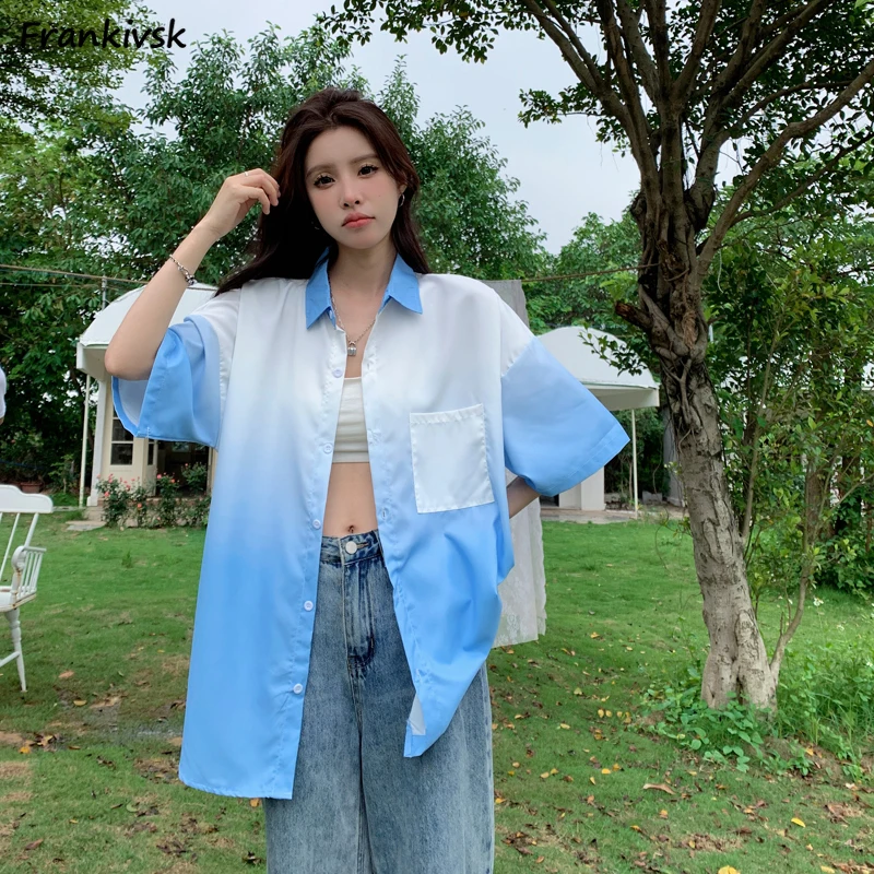 

Shirts Women Gradient Color All-match Fashion Korean Style Half Sleeve High Street Casual Summer Aesthetic Clothing College Chic