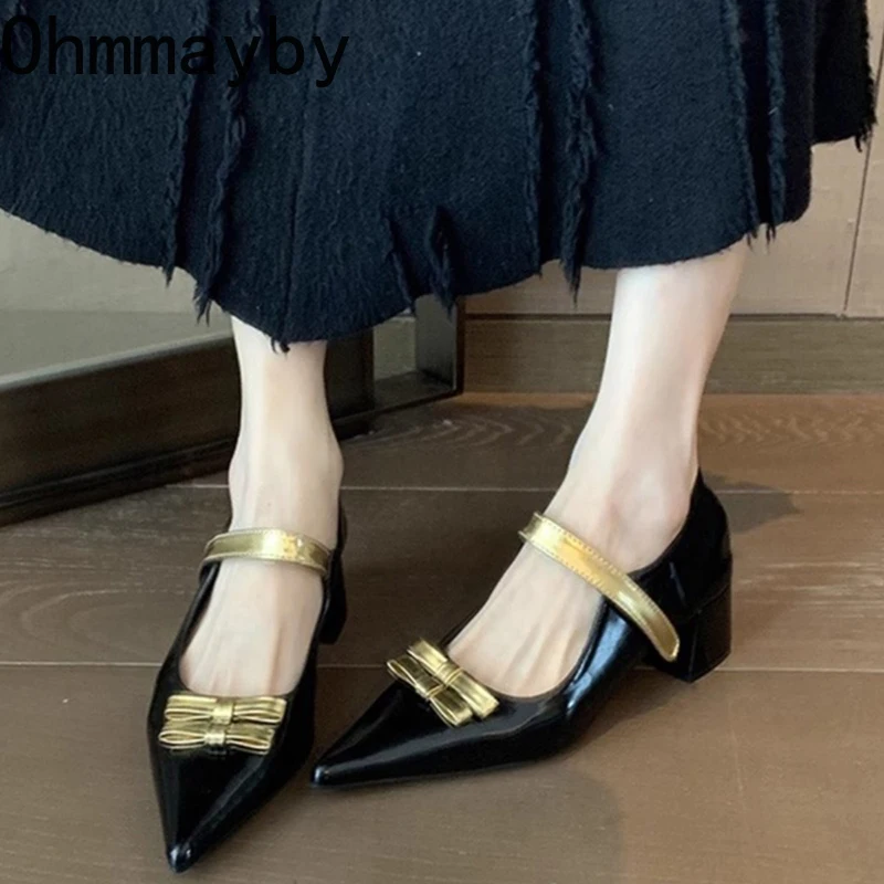 Golden Women Mary Jane Shoes Ladies Fashion Shallow Pointed Toe Thick Heel Footwear Women's Elegant Dress Pumps Shoes