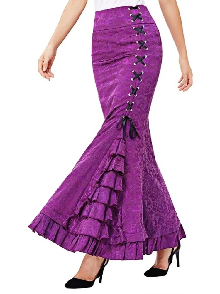 Vintage Women Punk Style Jacquard Mermaid Skirt Fashion Halloween Gothic Victorian Steampunk Long Bodycon Ruffle Fishtail Tiered