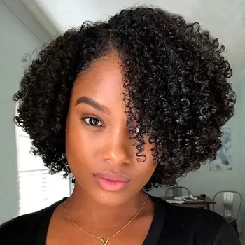 Parrucche ricci crespi Parte laterale dei capelli umani Parrucche ricci afro crespi per le donne nere Parrucche ricci taglio pixie Capelli umani Macchina completa al 100%
