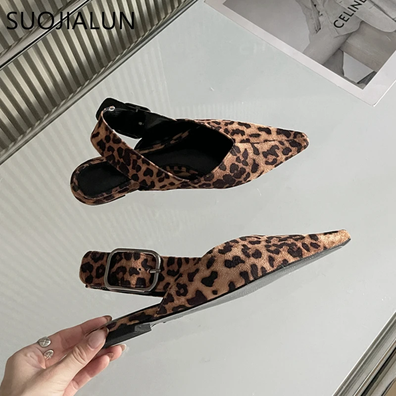 SUOJIALUN New Brand Women Sandal Fashion Pointed Toe Shallow Slip On Slingback Shoes Soft Flat Heel Outdoor Dress Mules Sho