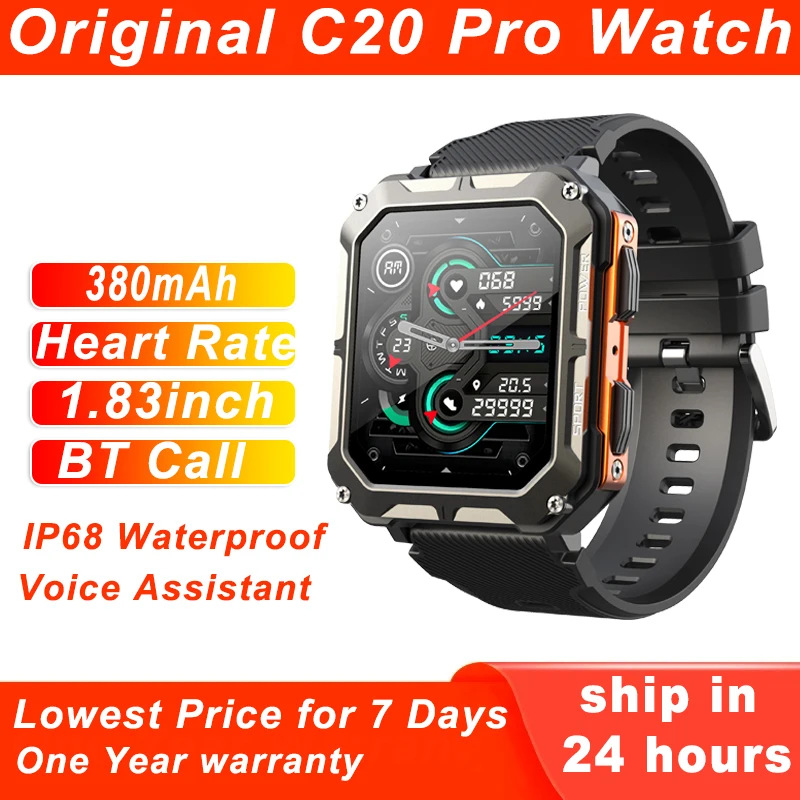 

Original C20 Pro Smart Watch Outdoor 380 MAH 128M Large Memory Bluetooth Call Siri Blood Pressure IP68 Waterproof Smartwatch Men