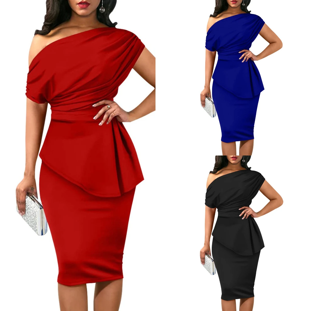 

Women Oblique Collar One Shoulder Solid Color Office Sexy Casual Sheath Pencil Dress