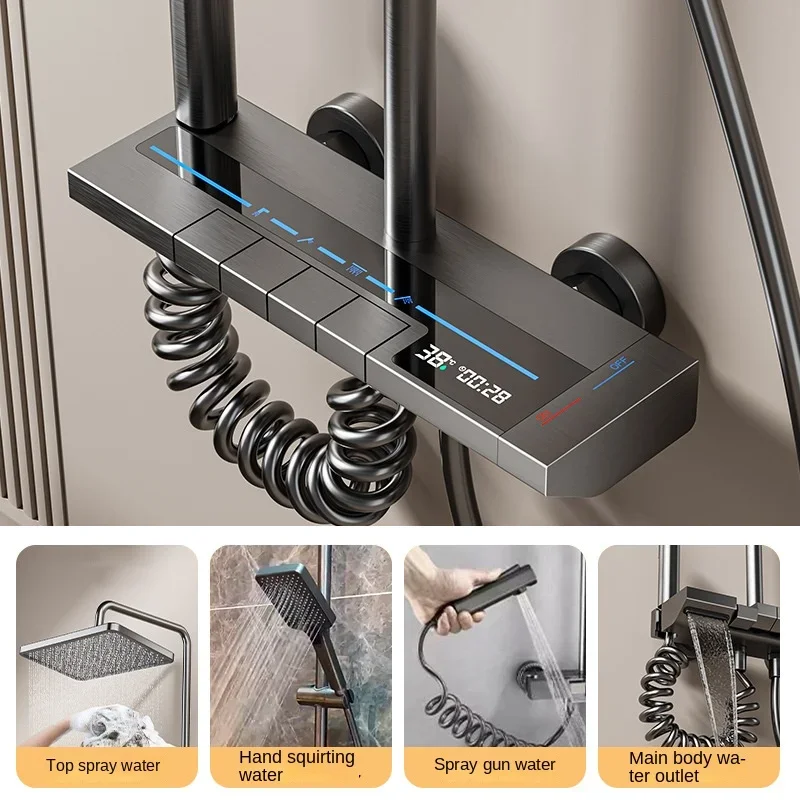 Space Aluminum Shower System,LED display Matte Gray Pressurized Shower Bath Shower Set Home Bathroom Drizzle System Set 2