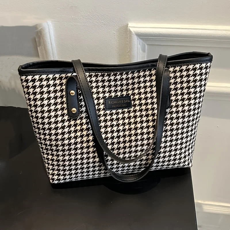 Casual Houndstooth Print Tote Bag, Large Capacity Shoulder Purse with Brown Leather Straps, Versatile for Everyday Work Outings