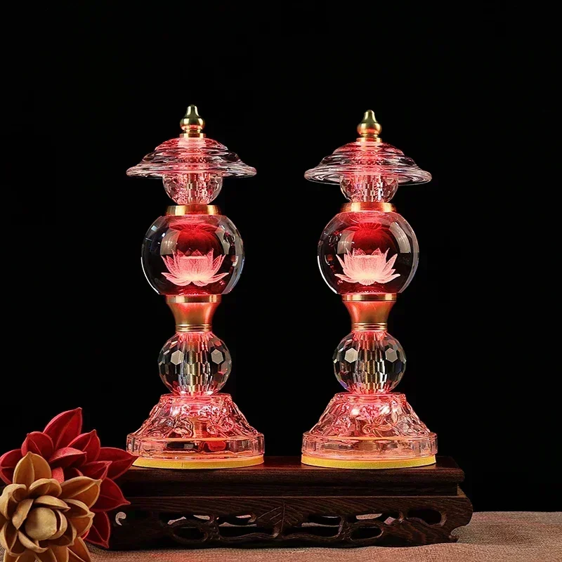 Household LED Crystal Ball Glass Lotus Lamp, Buddha Offering Lamp, Prayer, Feng Shui, Eternal Light of Buddha Hall, Tools