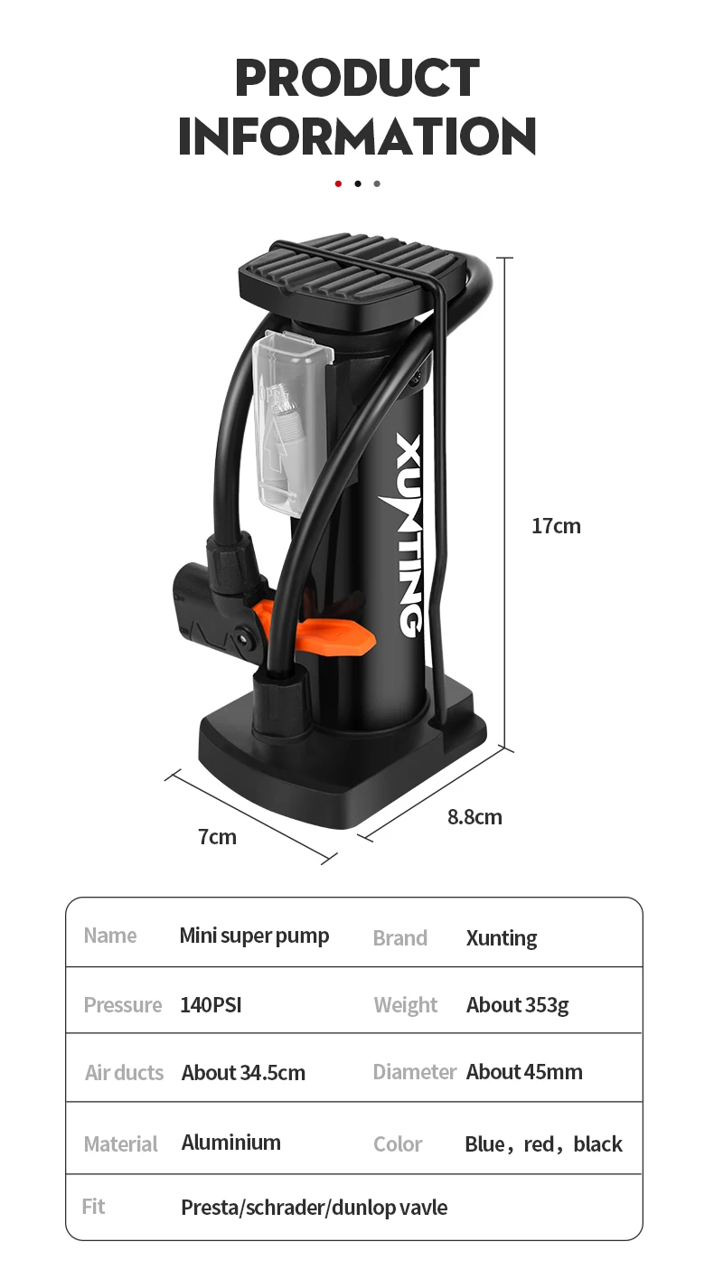 Xunting 140psi fahrrad hochdruck pumpe av fv tragbare luft infla tor fuß fahrrad mtb fahrrad pumpe fahrrad zubehör – Detail 3