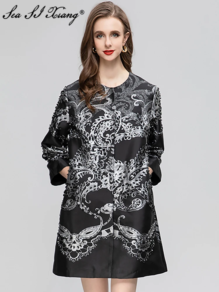 

Seasixiang Fashion Designer Early Autumn Vintage Jacquard Coat Women O-Neck 3/4 Sleeve Beading Covered Button Loose Outwear