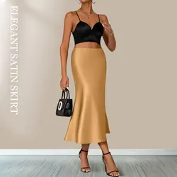 Elegant Champagne Satin A-Line Skort Skirt - S (Golden)