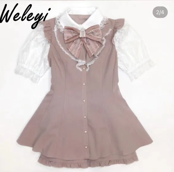 

Women's Cute Oversized Dress Set for Spring Summer 2024 Sweet Landmine Style Lace Patchwork Knot Waistband Short Sleeved Dresses